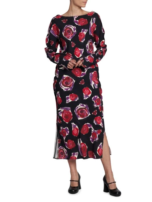Marni Rose-Print Long-Sleeve Midi-Dress 4 Marni Rose-Print Long-Sleeve Midi-Dress - Image 2
